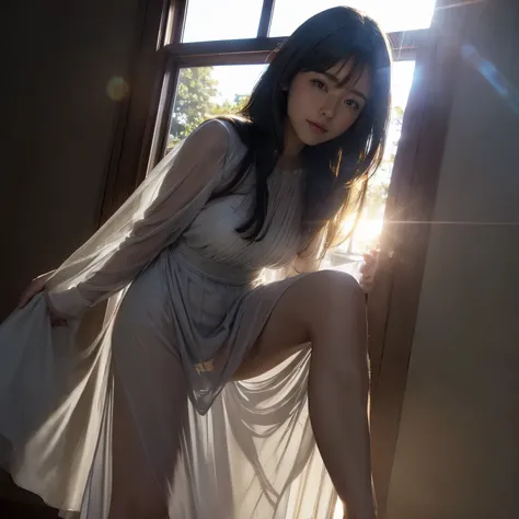 (a westerner woman), round face, doing a try on haul with (((see-through sunlight long casual dress))), spread legs, feet, angle from below, (standing in front of big window), (((backlit lens flare))), strong sunlight,