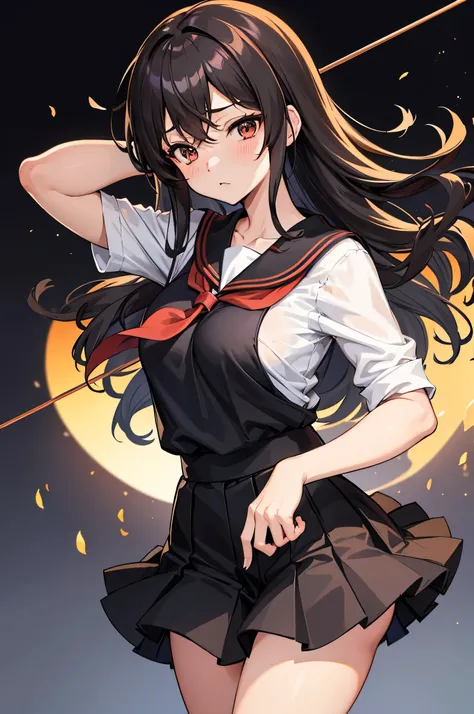 an anime character with long brown tresses and a short miniskirt in sailor very open outfit, holding a bow and arrow, 1girl, solo, lift miniskirt, sexy, very short school uniform, sexy, short serafuku, firm medium breasts, long hair, black hair, cowboy min...