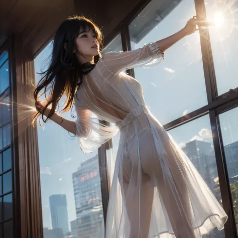 (a westerner woman), round face, doing a try on haul with (((see-through sunlight transparent long casual dress))), spread legs, feet, angle from below, (standing in front of big window), (((backlit lens flare))), strong sunlight, downtown, mall,