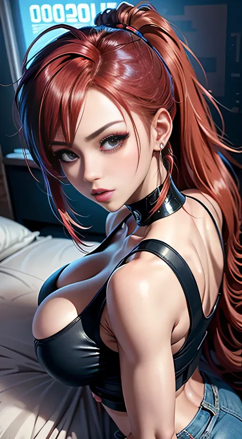 sfw, ((lying on bed top view)), best quality, anime girl with red hair and blue shirt stands in front of a neon city, Anime style 4k, seductive anime girl, lofi girl, retro anime girl, Anime style. 8k, 80s anime vibe, anime vibe, cyberpunk digital anime ar...