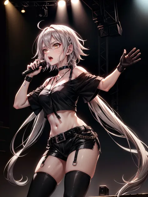 score_9,  score_8_up, score_7_up ffpaine, grey hair, choker, suspenders, necklace, off-shoulder shirt, black shirt, black gloves...