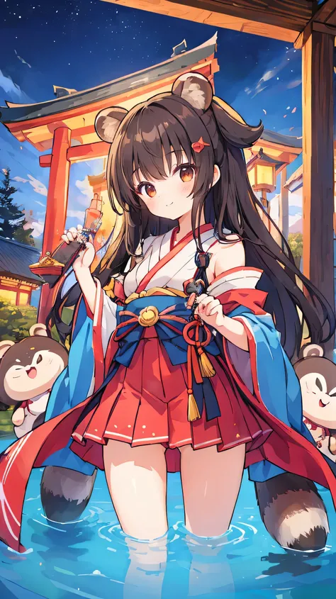 Very cute girl、18-year-old、Black Hair、Shrine maiden costume、Brown Hair、Long Hair、Round raccoon ears