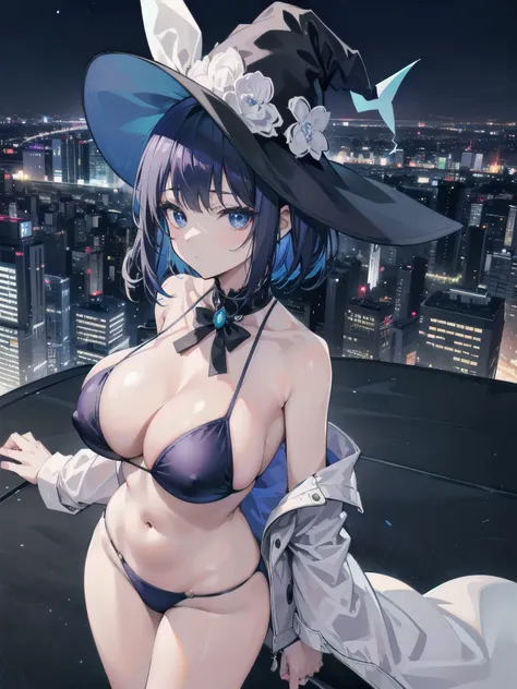 A girl stands on the rooftop of a high-rise building with a panoramic view of late-night Tokyo below.、She has a short bob with a white lob of hair and wears a large black witch hat with sapphire jewelry.、A high school student wearing a navy blue bikini-typ...