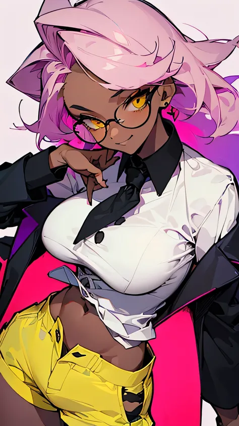 (highest quality、masterpiece:1.2) 1 Female, adult, ((Dark skinned women、Hair over the ears)), light pink hair, blue hair, mixed hair, yellow Eyes, glasses, ((black tailor jacket, white shirt, short pants)), (Malicious smile), sharp eye, (underboob), little...