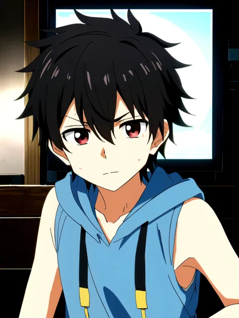 Highres, Masterpiece, Best quality at best,Best Quality,hight quality, hight detailed, 1boy, Boy,Messy hair, Side bangs, Shota, Sweat, Sleeveless hoodie, Glove, Depth of field, Anime screencap style, thin line, Seen from the front, Little sweat, Bandages o...