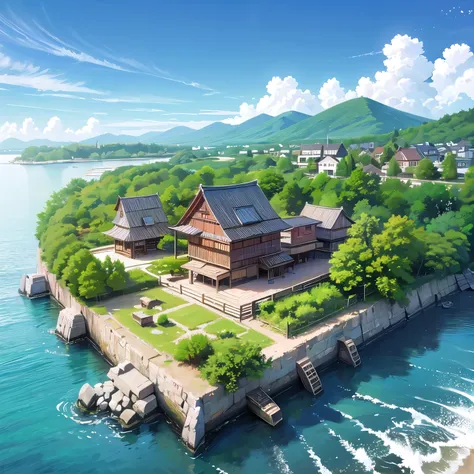 beautiful landscape, little japanese village by the sea, sunny, view from the sky
