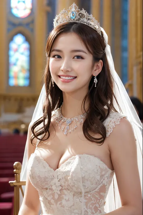 (highest quality、Tabletop、8k、Best image quality、Award-winning works)、One beautiful bride、(alone:1.1)、(The most extravagant and gorgeous huge wedding dresses:1.1)、(Perfect Wedding Lace:1.2)、(The most gorgeous and luxurious giant tiara:1.1)、(The most luxurio...