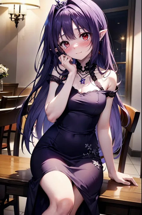 yuukikonno, Yuki Konno,Long Hair, tiara,Pointy Ears, Purple Hair, (Red eyes:1.5), (Small breasts:1.2), smile,Purple Dress,Purple long skirt,purple stiletto heels,No sleeve,Expose your shoulders,Bare arms,Bare neck,bare clavicle,Sitting in a chair,There is ...