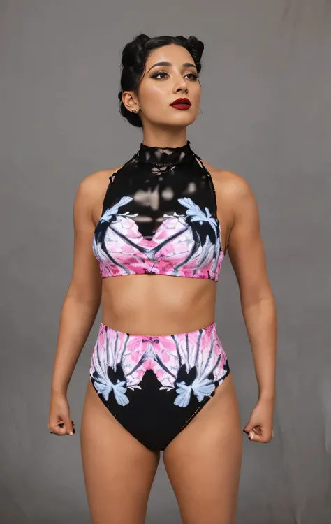 ((masterpiece, best quality)), ((((perfect anatomy)))), (33 year old)), (((Curvy))), (((Dark Skinned woman with curled black hair)), in ((black blue pink and white halter top)), ((black blue pink and white high cut briefs)), Dark makeup, ((magenta lipstick...