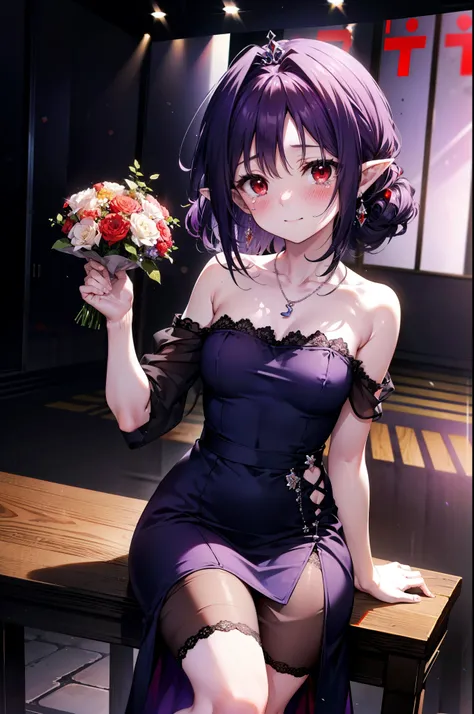 yuukikonno, Yuki Konno,Long Hair, tiara,Pointy Ears, Purple Hair, (Red eyes:1.5), (Small breasts:1.2), smile,Purple Dress,Purple long skirt,purple stiletto heels,No sleeve,Expose your shoulders,Bare arms,Bare neck,bare clavicle,She is sitting in a chair ho...