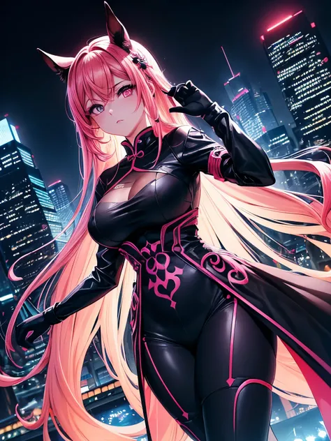 anime, (obra de arte, melhor qualidade, ultra-detalhado, alto contraste), 1 mulher (Sozinho, corpo todo, corpo plus size, standing on the edge of the skyscraper, cabelo prateado, LONGO Em um rabo de cavalo, olhos vermelhos brilhantes de rubi, (qipao preto,...
