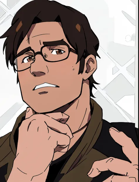 Masterpiece, Best Quality, Ultra-Detailed, 1boy, hunk_voltron, street bakground, looking at you, daylight, brown shirt, glasses, golden earring, light beard 