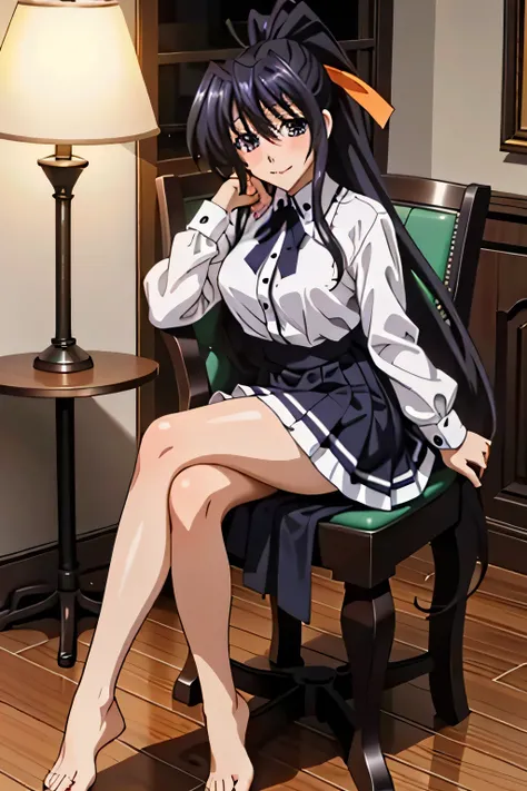 Himejima Akeno、Long Hair、(draw the eyes:1.2)、one person 、smile 、blush 
、(Sit on a chair、Stand on your right foot) 
、Tight Skirt
、(highest quality) 、(Fine skin:1.3)