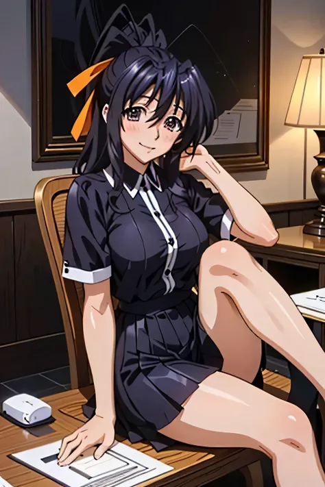 Himejima Akeno、Long Hair、(draw the eyes:1.2)、one person 、smile 、blush 
、(Sit on a chair、Stand on your right foot) 
、Tight Skirt
、(highest quality) 、(Fine skin:1.3)