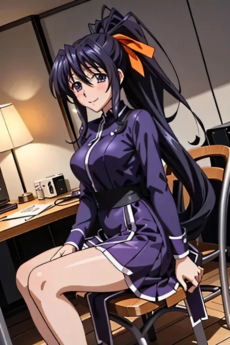 Himejima Akeno、Long Hair、(draw the eyes:1.2)、one person 、smile 、blush 
、(Sit on a chair、Stand on your right foot) 
、Tight Skirt
、Facing forward
、(highest quality) 、(Fine skin:1.3)