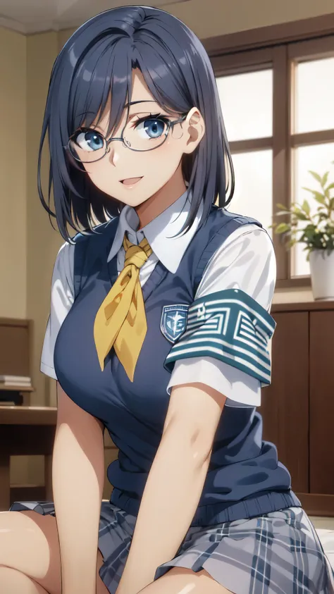 masterpiece, highest quality, High resolution, morning, short hair, Navy Blue Hair, blue eyes, Glasses, , Yellow neckerchief,24-years-old, Collared shirt, Sweater vest, (Blue Vest:1.2), Short sleeve, Armband, Checked skirt, Grey Skirt, indoor, Sitting, smi...
