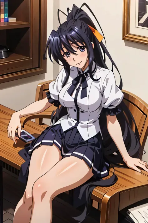 Himejima Akeno、Long Hair、(draw the eyes:1.2)、one person 、smile 、blush 
、(Sit on a chair、Stand your left foot、Stretch your right leg) 
、Tight Skirt
、Facing forward
、(highest quality) 、(Fine skin:1.3)