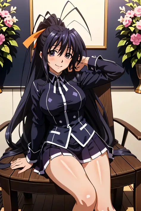 himejima akeno、long hair、(draw the eyes:1.2)、one person 、smile 、blush 
、(sit on a chair、stand your left foot、stretch your right ...