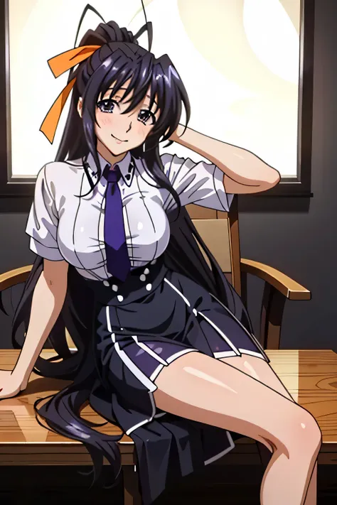 himejima akeno、long hair、(draw the eyes:1.2)、one person 、smile 、blush 
、(sit on a chair、stand your left foot、stretch your right ...