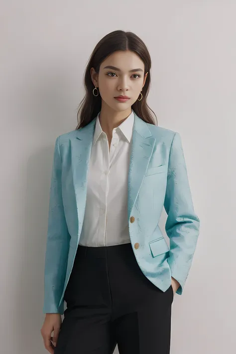 fashion cover, front view, upper-body, woman model, white marble wall, black suit, green shirt, yellow pants