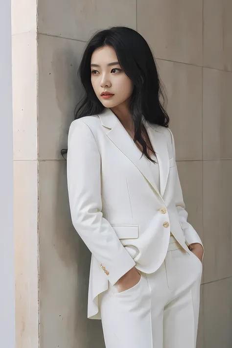 fashion cover, front view, upper-body, woman model, white marble wall, black suit, green shirt, yellow pants