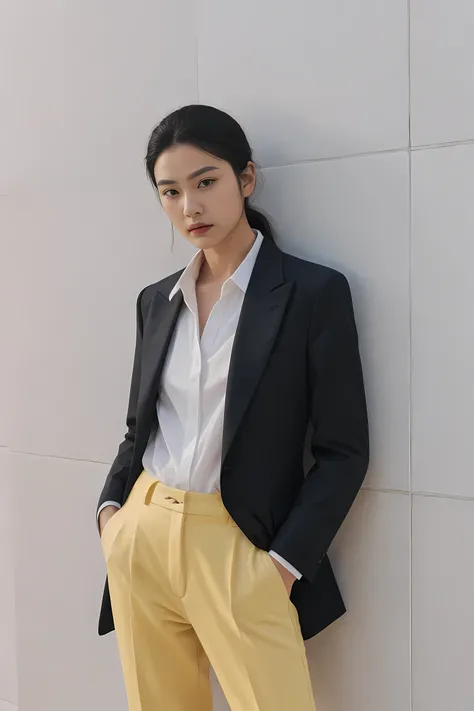 fashion cover, front view, upper-body, woman model, white marble wall, black suit, green shirt, yellow pants