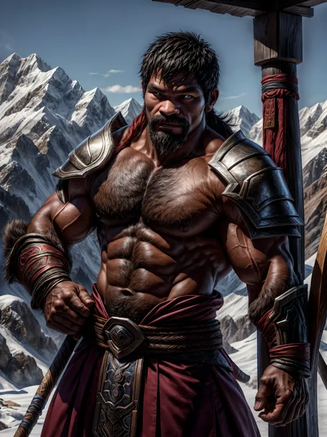 manny pacquiao as a barbarian that fits the design of blizzard's diablo characters, dark skinned male, thick mustache and beard,...