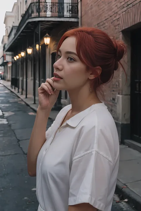 Cinematic, realistic, close-up, cinematic documentary of a 22-year-old woman with vibrant red hair and eyes the hue of twilight, embracing the lively spirit of New Orleans, Louisiana, the city’s music and history resonating with her adventurous heart