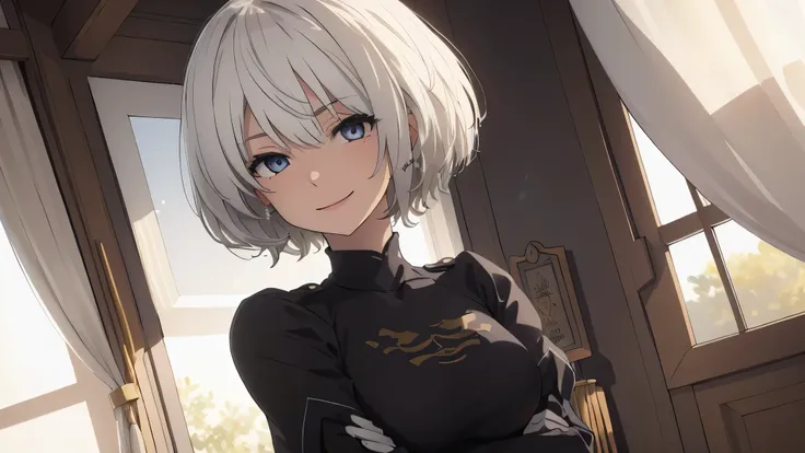 extremely detailed CG unity 8k wallpaper), (masterpiece), (best quality), (ultra-detailed), (best illustration), (best shadow), (absurdres) ,(detailed eyes), 2b, 1girl, short hair, white hair, solo, Intimidating women, admiral uniform, night, hero pose, wh...