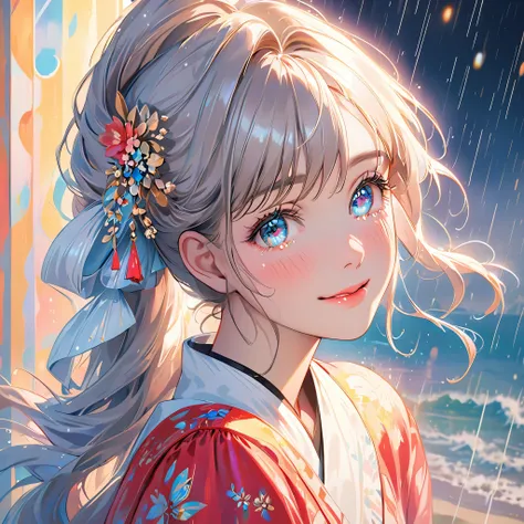 best quality, highres, ultra-detailed, realistic:1.37, vibrant colors, portrait, soft lighting, long eyelashes, sparkling eyes, glossy lips, detailed skin, retro pattern, pastel colors, smile while crying, ((shedding tears:1.5)),, sad look, dreamy atmosphe...