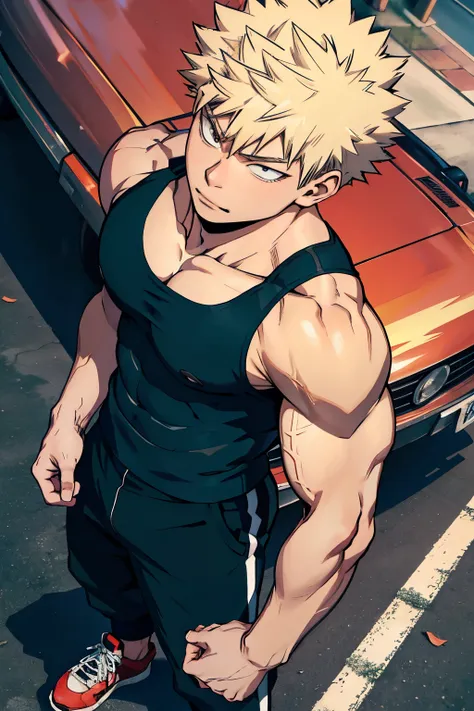 katsuki bakugo from boku no hero academia, wearing black gym pants and black tank top, bodybuilder, defined body, abs, seen from...