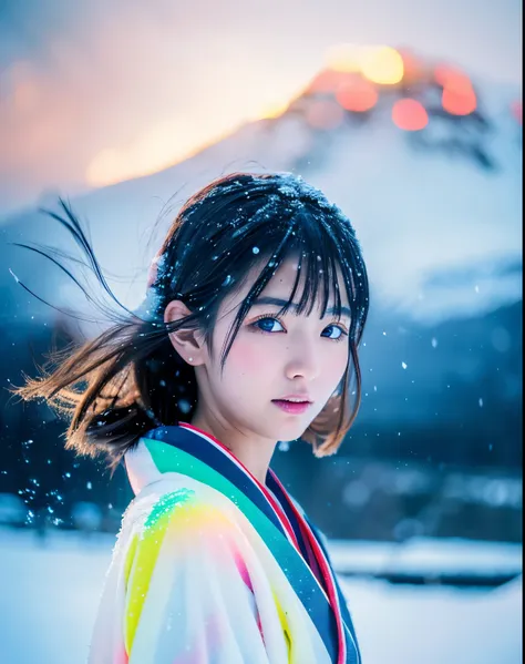 (highest quality, 8k, High resolution, masterpiece:1.5, ), Beautiful Japanese Girl, Snow Girl, 20-year-old, Perfect Human Anatomy, Big magic eye, Serious expression, Detail of windblown black hair, Long hair that shines like the aurora, Asymmetrical bangs,...