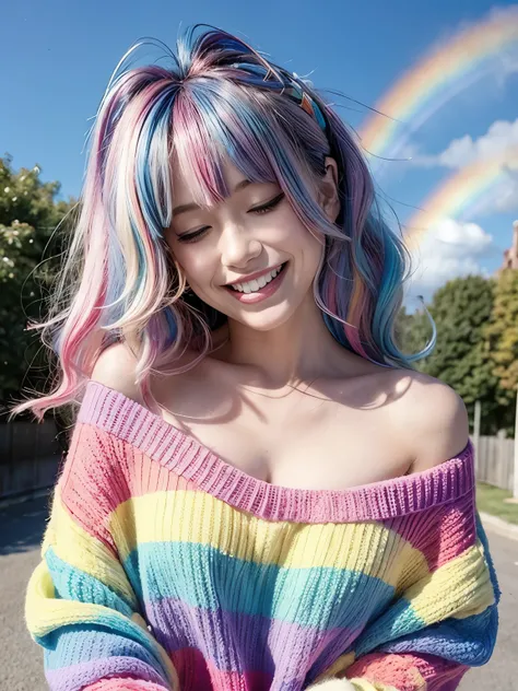 woman, poofy hair, rainbow hair, outdoors, breasts, off the shoulder sweater, grin, teeth, eyes closed, happy, cute