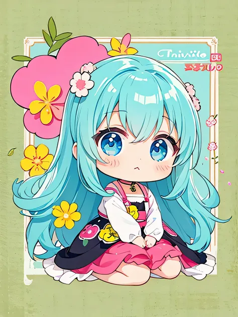 tiv style, kawaii design, the most beautiful girl of all time、chibi, cute monkey, colorful flowers