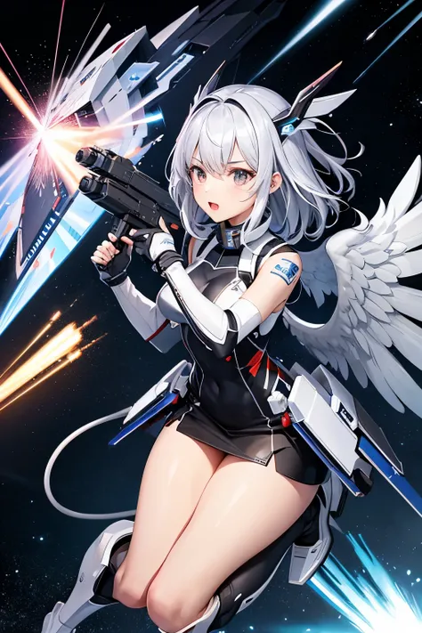 （（（highest quality、first-clasasterpiece、Normal body、8k、Detailed face、Ultra-precision、Normal hand、Normal finger、５Finger、）））Silver Hair、Machine Angel、Large mechanical wings、Large booster、Large thruster、Visor Helmet、Thought-guided remote-controlled weapon、Fun...