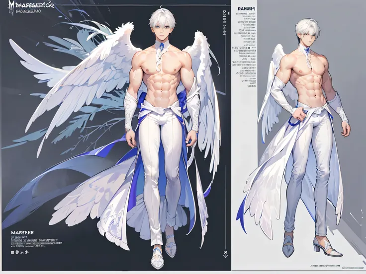 ((Masterpiece, Highest quality)), Male, boy, Detailed face, character design sheet， full bodyesbian, Full of details, frontal body view, back body view, Highly detailed, Depth, Many parts, angel wings, white hair, angel outfit, Muscle boy with white hair，h...