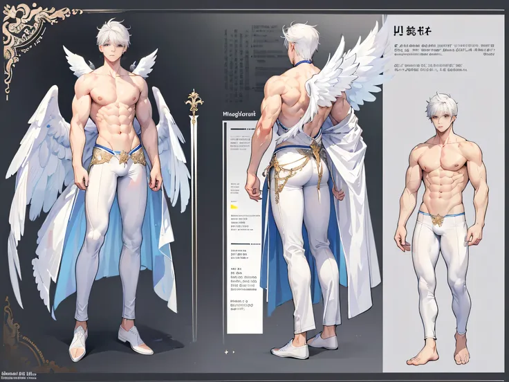 ((Masterpiece, Highest quality)), Male, boy, Detailed face, character design sheet， full bodyesbian, Full of details, frontal body view, back body view, Highly detailed, Depth, Many parts, angel wings, white hair, angel outfit, Muscle boy with white hair，h...