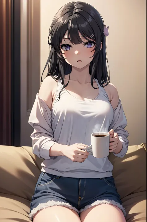 maisakurajima, Mai Sakurajima, Long Hair, bangs, (Black Hair:1.5), hair ornaments, (Purple eyes:1.1), Sleepy eyes,Open your mouth,Tank top shirt,Black string underwear,barefoot,Holding a coffee mug with both hands,Sitting on the sofa,
break indoors, room,
...