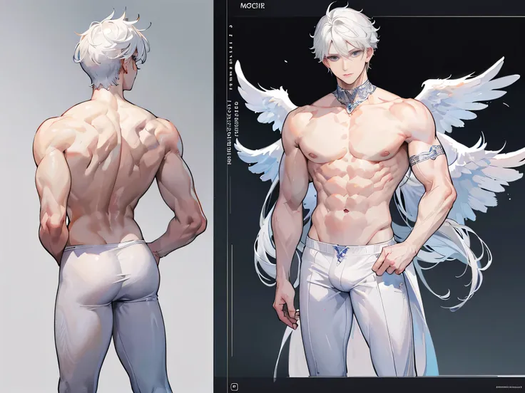 ((Masterpiece, Highest quality)), Male, boy, Detailed face, character design sheet， full bodyesbian, Full of details, frontal body view, back body view, Highly detailed, Depth, Many parts, angel wings, white hair, angel outfit, Muscle boy with white hair，h...