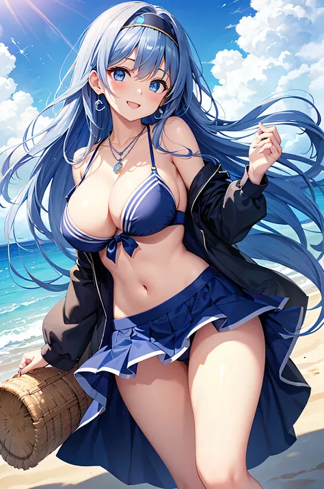 highest quality、Best image quality、masterpiece、beautiful girl、Navy blue long hair、blue eyes、Navy Blue Bikini、Big cleavage、(Big Breasts)、smile、blue necklace、Blue Earrings、background(Beach)、Sexy pose、Please open your mouth wide、Navy Blue Skirt、White headband...