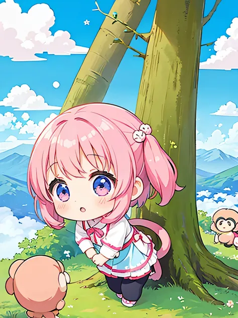 Momoko Sakura Style, Kawaii Design, Chibi girl monkey, monkey Forest, Above the Clouds, Carrying you