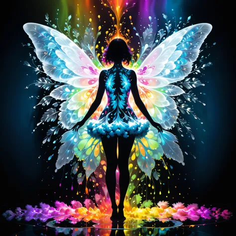 (in style of Nick Veasey:0.6),(blurred butterfly wings:0.7),a  (slender:0.3) ((handsome woman silhouette wrapped in liquid splash made of shiny volumetric Mandelbrot printed on fluffy fur)),glossy,extreme color mixing,divergent light,shiny,vibrant colors,(...