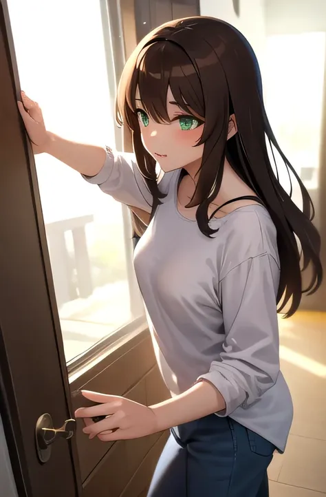 The girl with long brown hair and green eyes, wearing casual clothes, stretched out her hand as if to take him to a room in the house.