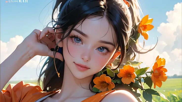 (8k, RAW photo, highest quality, masterpiece), high-resolution RAW color photo, upper body, big breasts, black hair, ponytail, face surrounded by flowers, white headphones, motionless, professional close-up, dynamic fist pose (Realistic, Photorealism: 1.37...