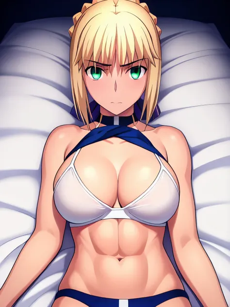 Best_quality, masterpiece, highres, detailed, detailed_background, ray_tracing_graphic, solo, adult_female, {saber_fatestaynightufotable:1.15}, blonde_hair, French_bread, little_ahoge, detailed_green_eyes, blue_ribbon, 1girl, anime_coloring, detailed_face,...