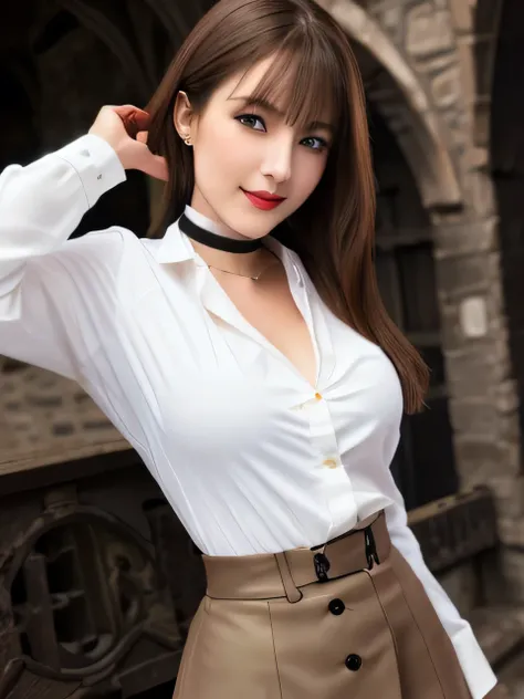 masterpiece, Front view, Bust up shot、Upper Body、Cute Japanese aristocratic woman, (輝くBrown Hair, Straight Long Hair), ((Ivory tight shirt, mini skirt)), Very cute face, Glossy Lips, Double eyelids on both eyes, Natural Makeup, Brown Hair, Asymmetrical ban...