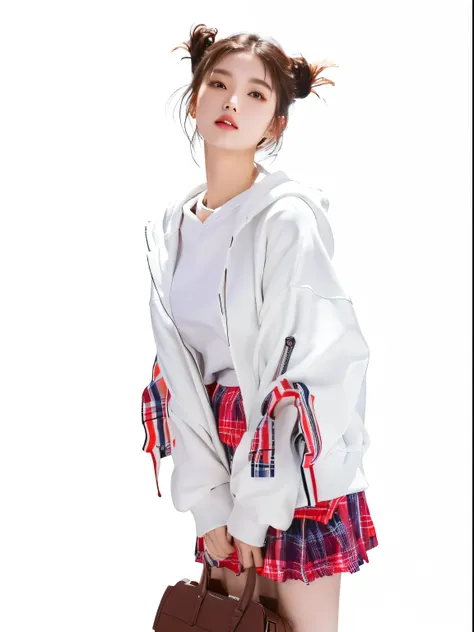 Image of woman wearing white sweatshirt and plaid skirt, White fashion clothes, White jacket, Qingfu, Stylish white clothing, Casual white clothing, girl wearing hoodie, White sleeves, Casual Clothing, Loose large collar sailor suit, White red, Korean fema...