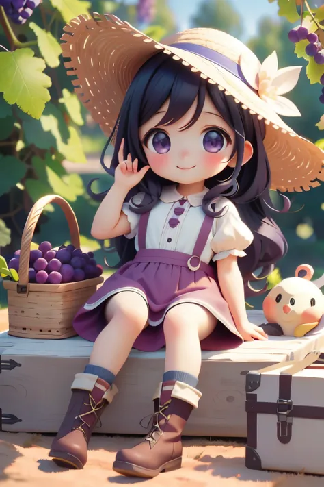 Octane Render、(Hyper Detail:1.15)、(Soft Light、sharp:1.2)、Baby Face、Morning、Harvesting grapes、Enjoy grape picking、Esbian all over、Straw hat、Farm Boots、 Fujifilm、F/4.0、Mastepiece、Anatomically correct、smile、Shining Light