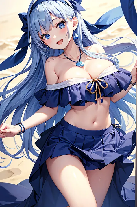 highest quality、Best image quality、masterpiece、beautiful girl、Navy blue long hair、blue eyes、Navy Blue Bikini、Big cleavage、(Big Breasts)、smile、blue necklace、Blue Earrings、background(Beach)、Sexy pose、Please open your mouth wide、Navy Blue Skirt、White headband...