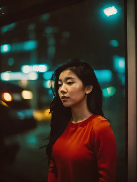 on a blind date, an Asian woman with a beautiful face leaned against the window of a closed shop on the outskirts of Hong Kong, neon sign on the top, big , wearing pretty ((red sundress)) and ((cream sweater jacket)), waiting pose, ((hair blowing in the wi...